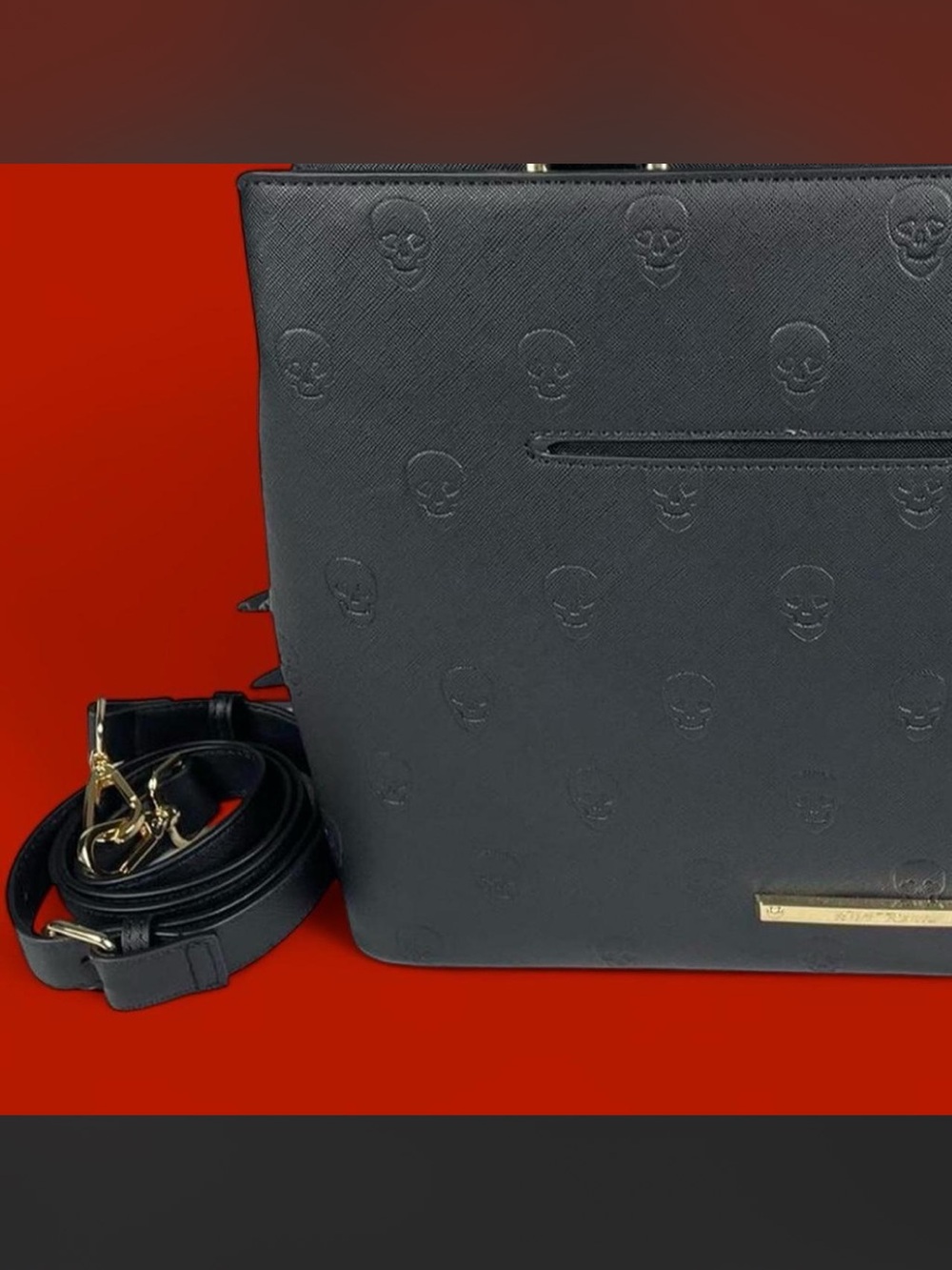 Betsey Johnson Black Embossed Skull Satchel with Gold Accent - Picture 6 of 6